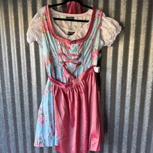 Scarlet Darkness Floral Dirndl Set Blue Pink Rose Oktoberfest Dress Blouse Large